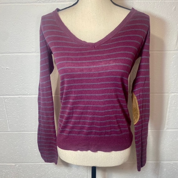 Rubbish Nordstrom Purple Plum Sweater with Gray Stripes & Brown Elbow Patches - Picture 1 of 11